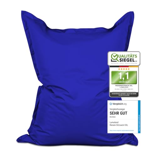 Lumaland Riesen-Sitzsack XXL 140x180 cm | Wasserfestes Indoor & Outdoor Liegekissen mit über 3 Mio. anpassungsfähigen EPS-Perlen | Bean Bag mit waschbarem Bezug [Royalblau]