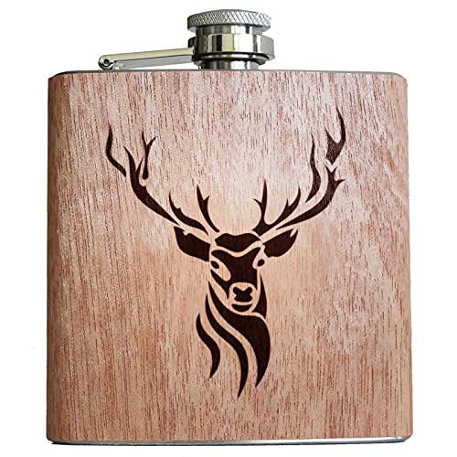 Flachmann Hirsch 6oz | Mit Holz Ummantelung & Gravur. Geschenk Idee für Jäger Jägerinnen Förster Jagd Männer Geweih