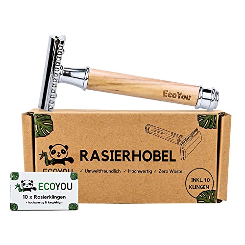 EcoYou Olivenholz Rasierhobel Damen & Herren inkl. 10 Rasierklingen Nachhaltiger Rasierer inkl. E-Book Plastikfreier Zero Waste Nassrasierer Sicherheitsrasierer Safety Razor - geschlossener Kamm