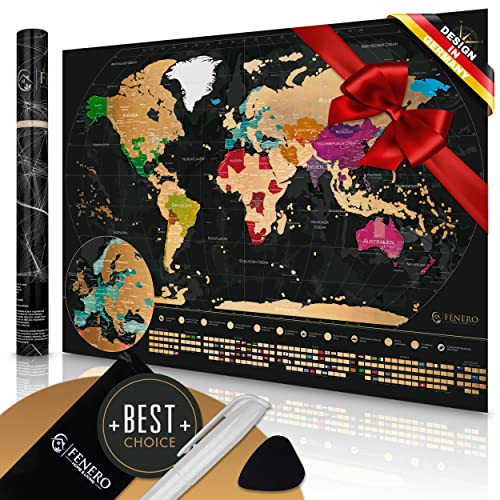 FENERO Weltkarte zum Rubbeln XXL [DIN A1] - aus exklusivem Kunststoff - Rubbel-Weltkarte Deutsch - Landkarte zum Rubbeln mit Marker, Plektrum & Täschchen